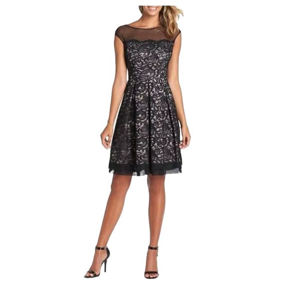 Eliza J Black Yoke Lace Fit and Flare Knee Length Cocktail Dress with Tulle Sz 8 - Picture 1 of 16